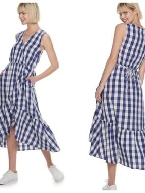 POPSUGAR Blue and White Gingham Check Tie-Waist Midi Dress M